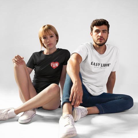 woman and man wearing have fun or else t-shirts