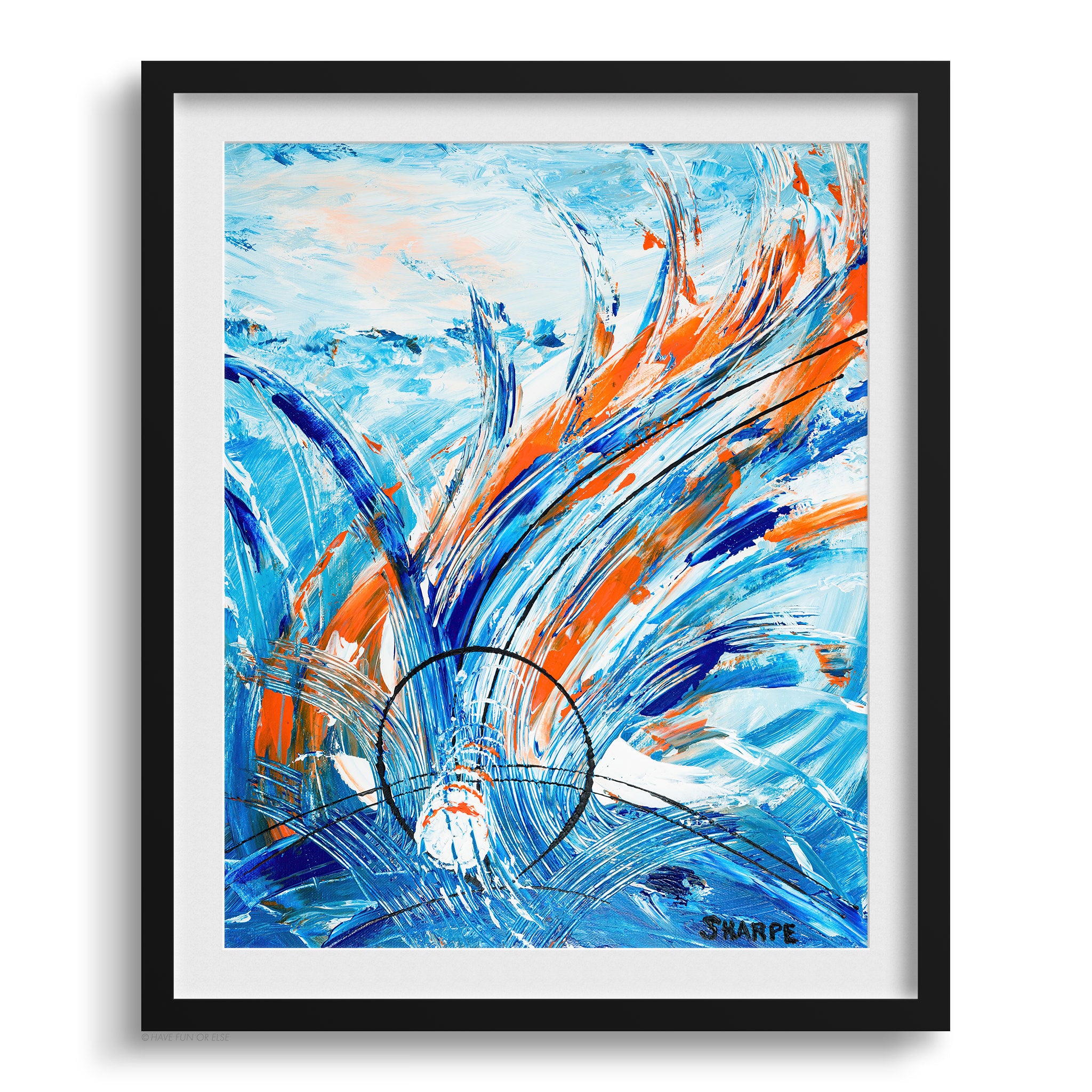 Abstract art print with blue and orange brush strokes in a black frame.
