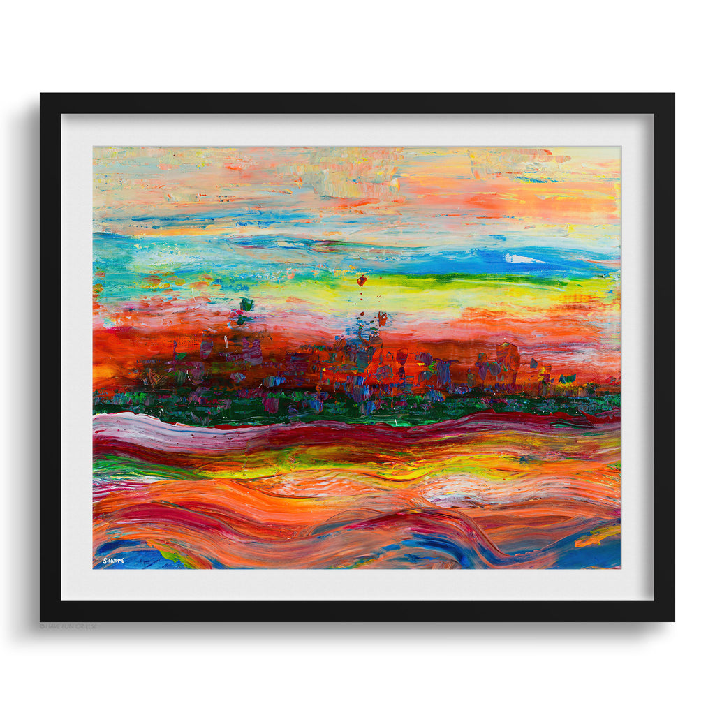Framed abstract painting with vibrant colors