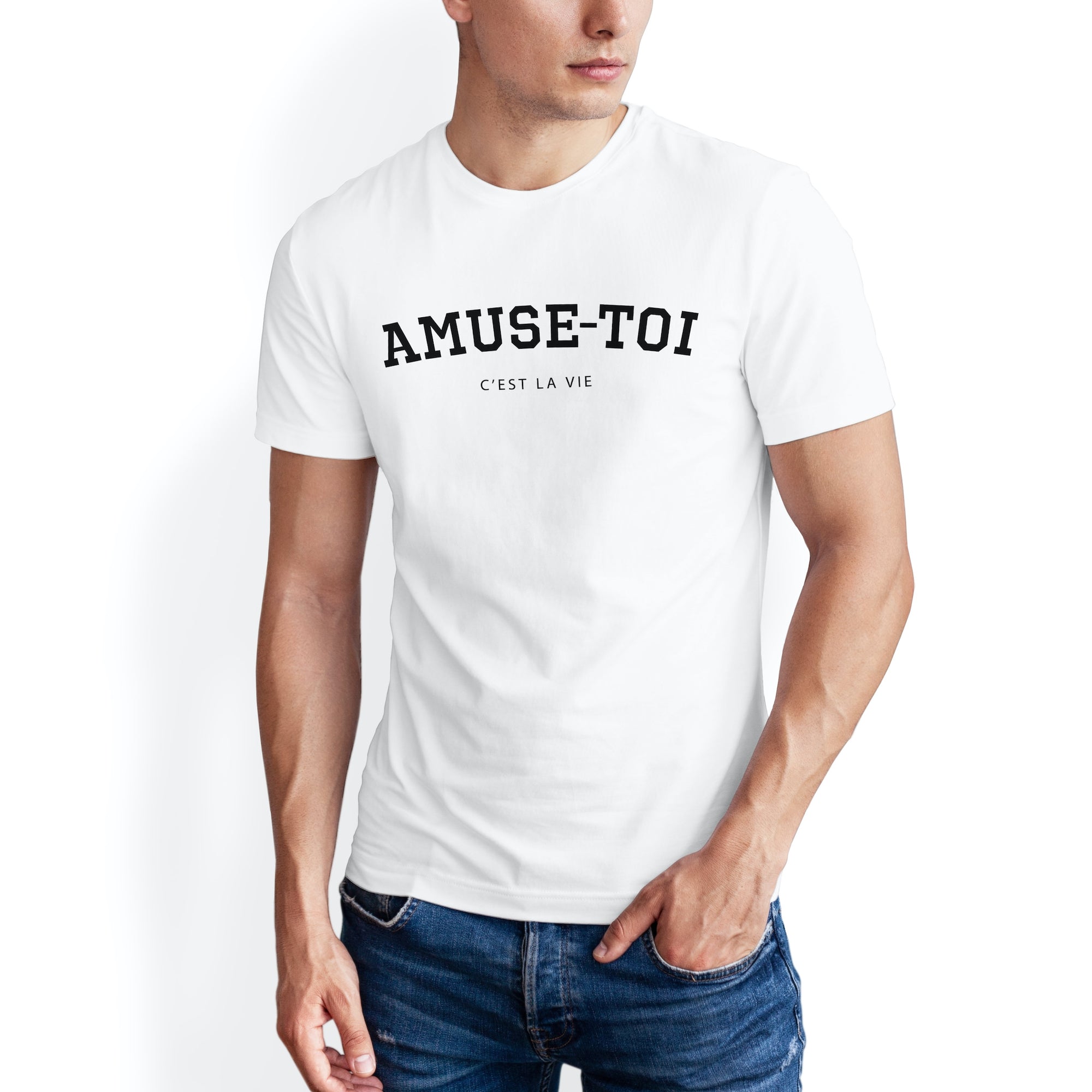 Man wearing Have Fun Or Else Amuse-Toi white t-shirt