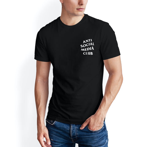 Man wearing Have Fun Or Else Anti Social Media Club black t-shirt, front