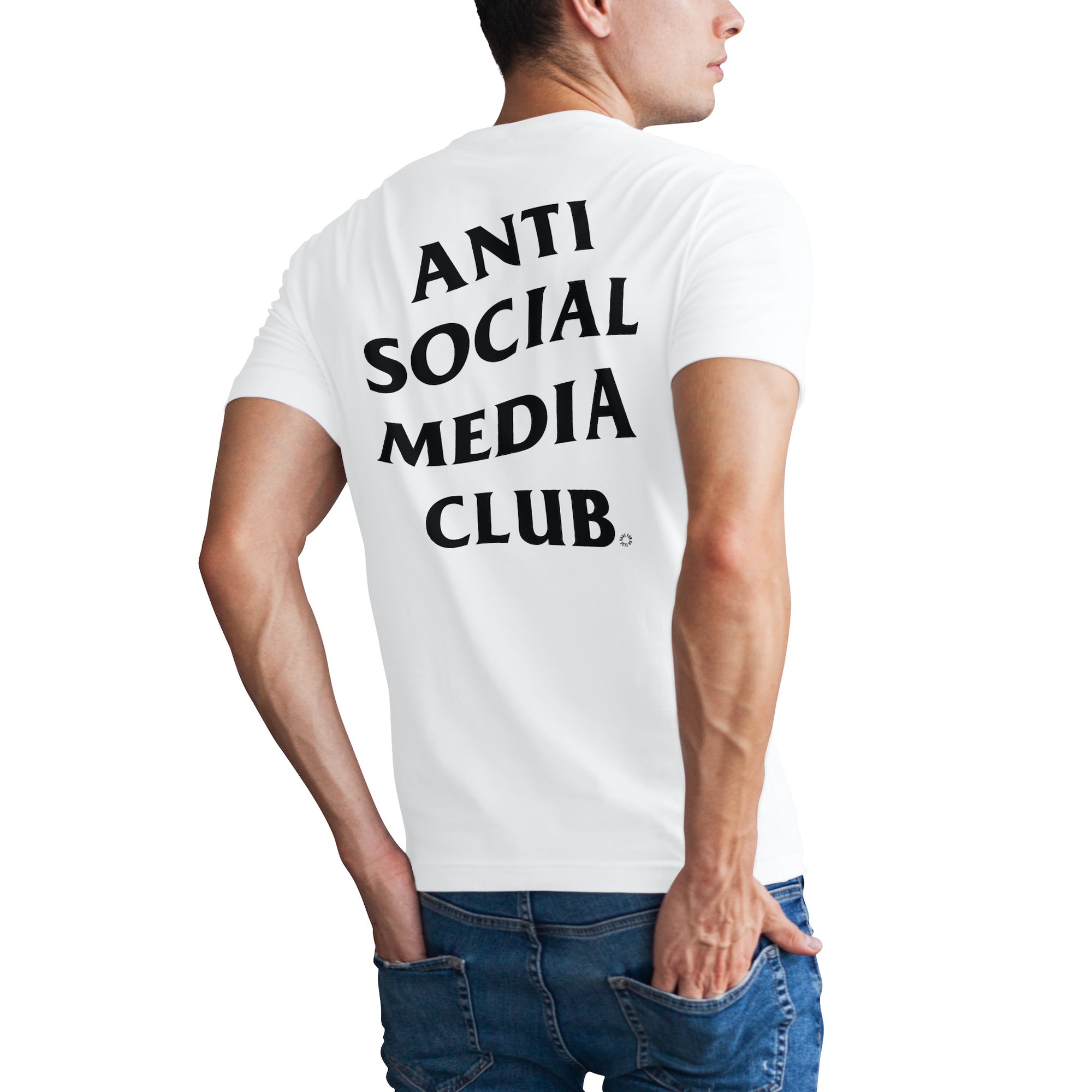 Man wearing Have Fun Or Else Anti Social Media Club white t-shirt, back