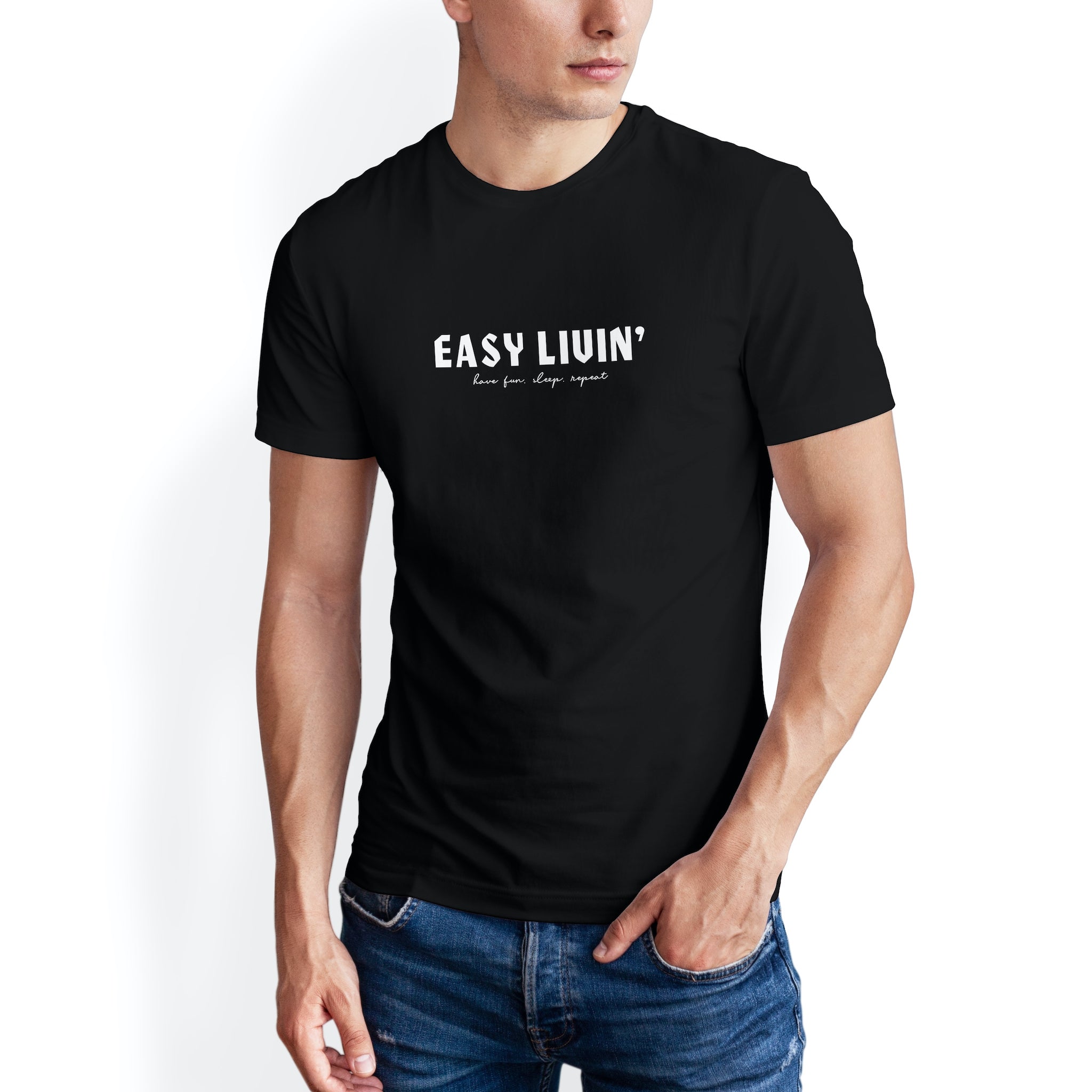 Man wearing Have Fun Or Else Easy Livin' black t-shirt, front