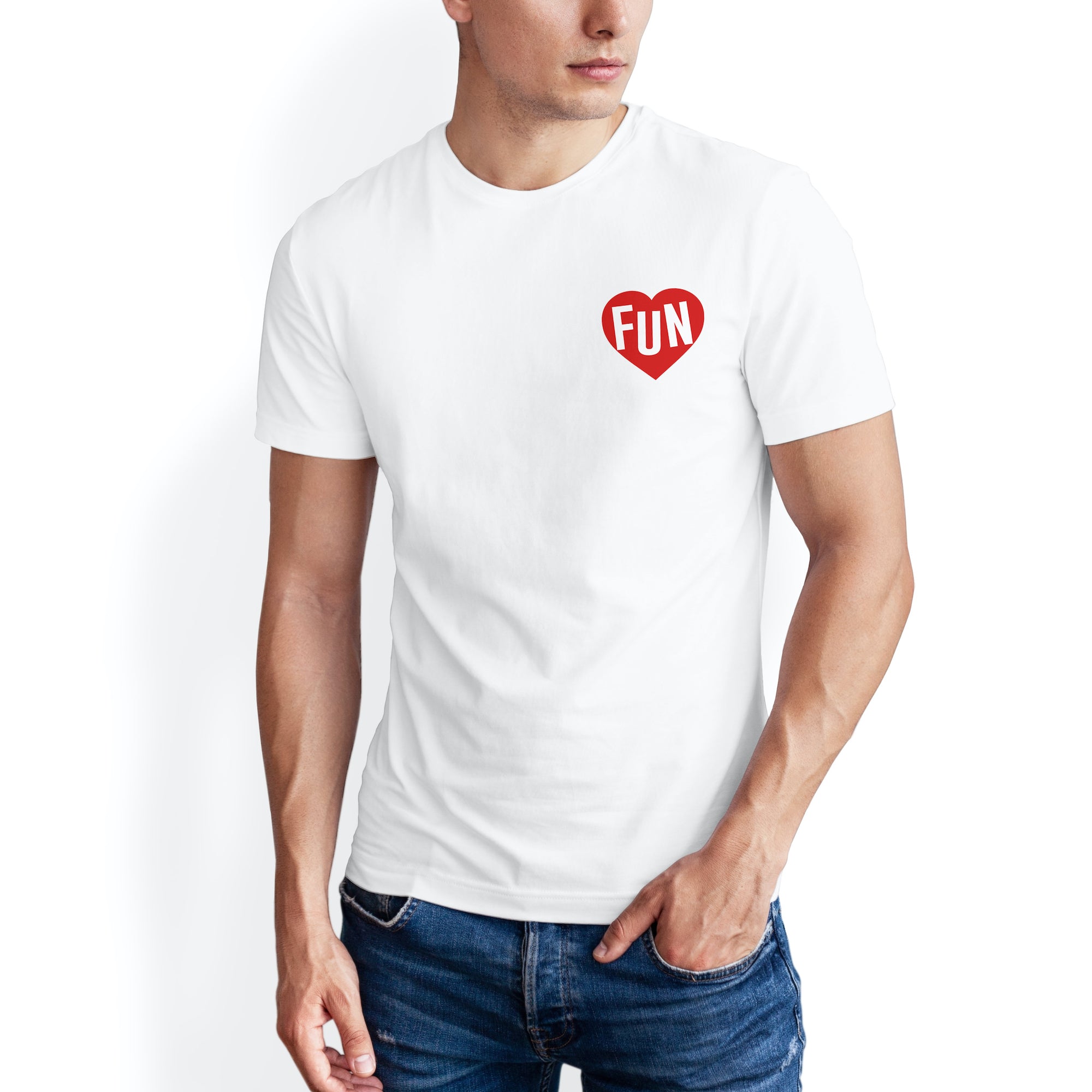 Man wearing Have Fun Or Else Follow Your Heart white t-shirt, front
