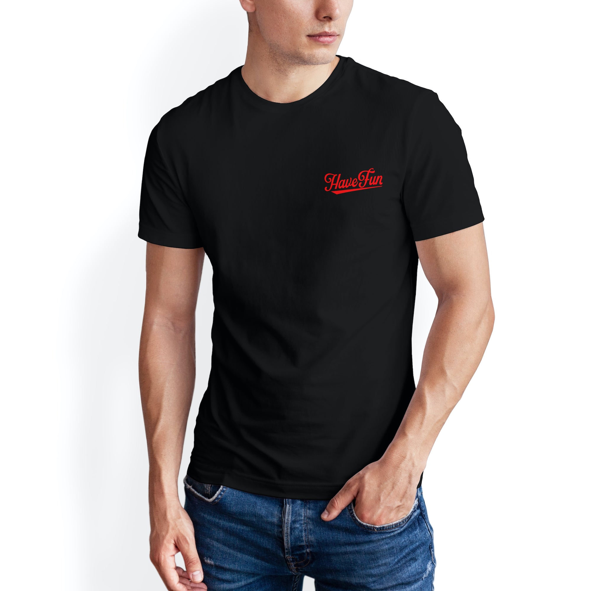 Man wearing Have Fun Or Else Semper Ludens black t-shirt, front
