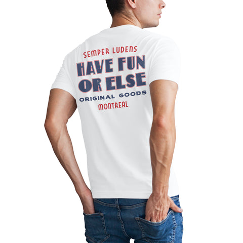 Man wearing Have Fun Or Else Semper Ludens white t-shirt, back