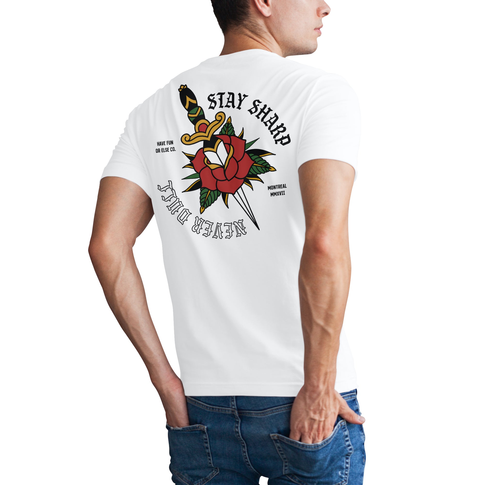 Man wearing Have Fun Or Else Stay Sharp white t-shirt, back