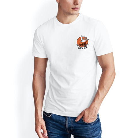 Man wearing Have Fun Or Else Swallow Sunset white t-shirt, front
